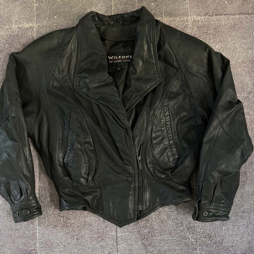 Women's Vintage Y2K Wilsons Leather Black Zip Up Motorcycle Bomber Jacket Sz S